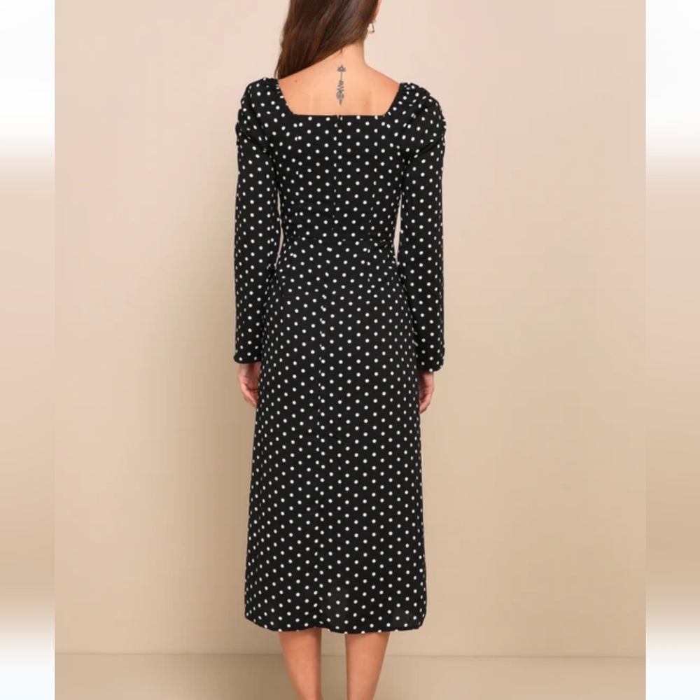 Lulu's Charmed and Classy Black Polka Dot Long Sleeve Midi Dress - Picture 3 of 3